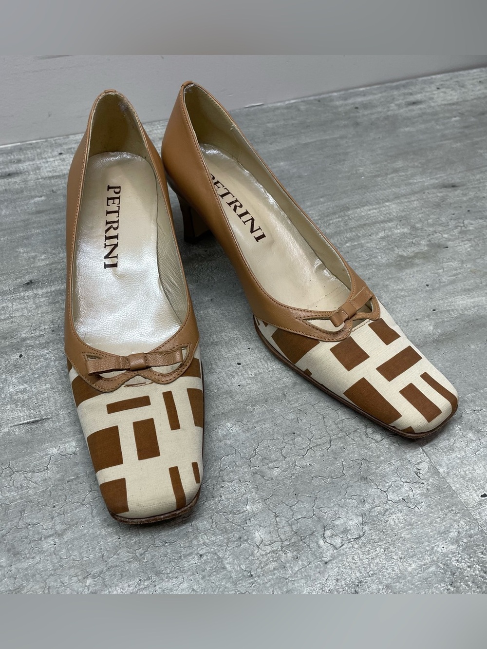 Petrini Leather Canvas Pumps Womens 36 Tan Cream Geometric Square Toe Italy Good